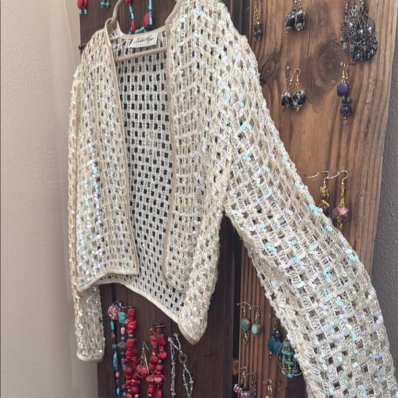 Sequin Mesh Women's Sweater - Cream size S - Picture 3 of 7